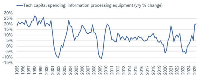 AI-related capital spending has been booming, evidenced by the +20% surge for information processing equipment.