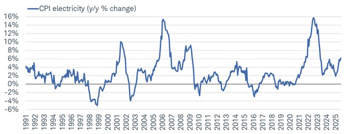 The electricity component of the Consumer Price Index (CPI) is rising at a brisk pace relative to history (outside of major spikes like during the pandemic-induced rupture a few years ago).