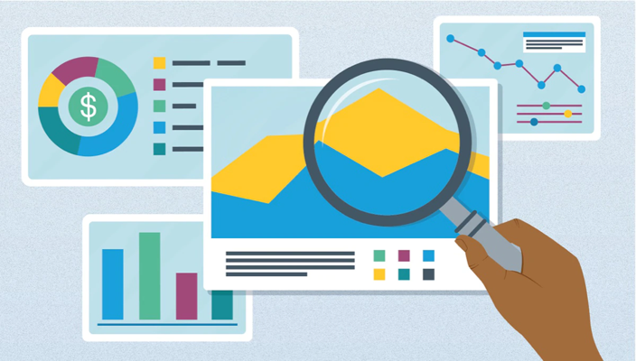 An illustration of a hand holding a magnifying glass to a set of colorful graphs and charts.
