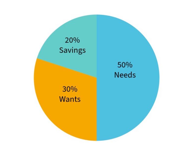 Pie chart showing a budget split: 50% needs, 30% wants, 20% savings.