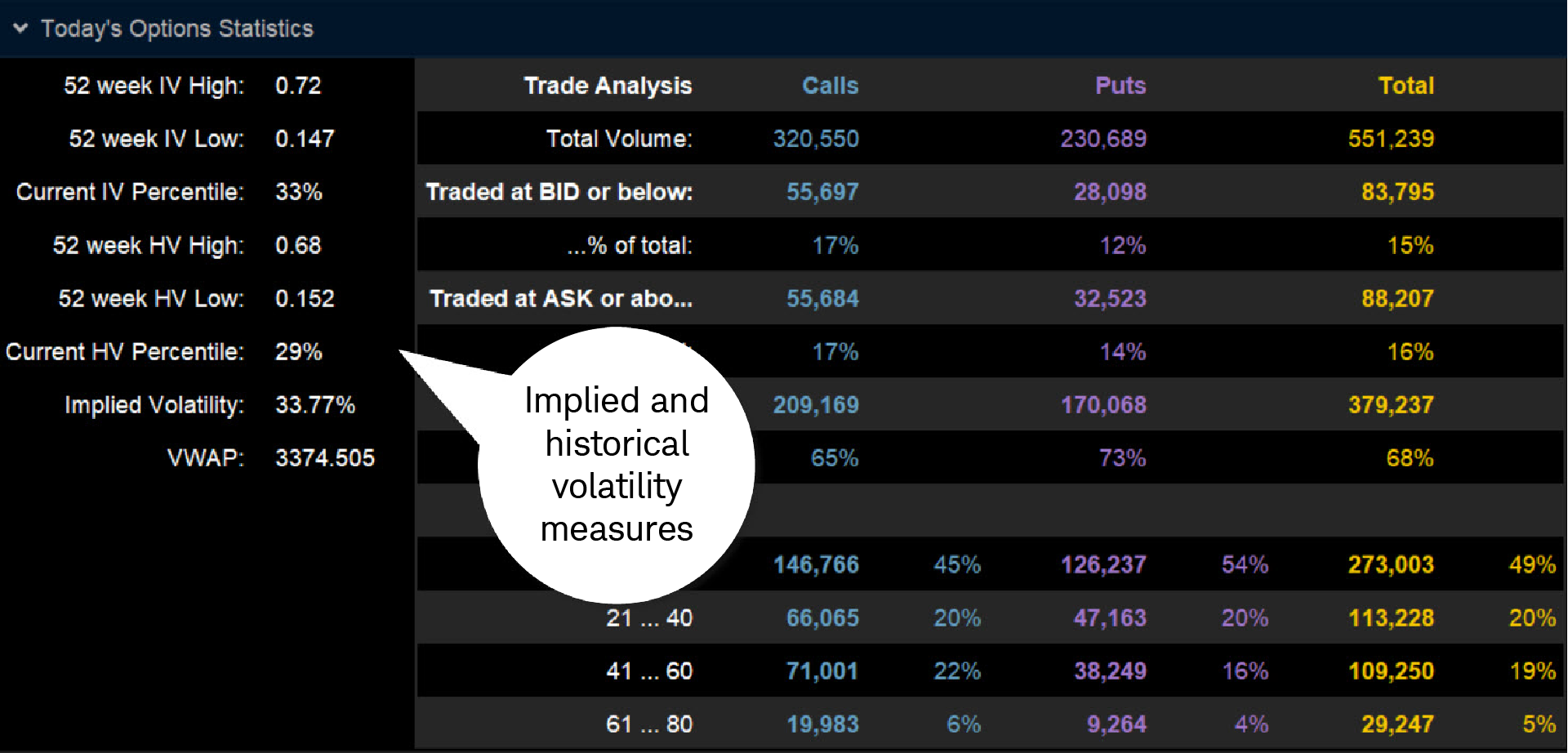 Image shows where to find options stats, such as implied volatility percentile and other implied and historical volatility measures, under Today's Options Statistics. 