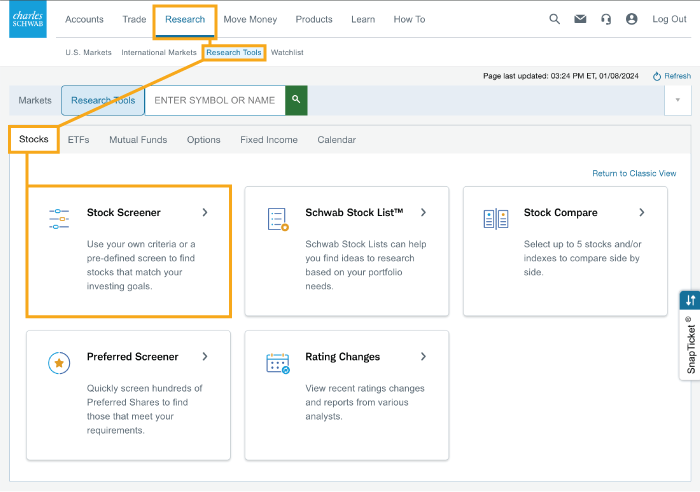 The Research Tools subtab under Research on Schwab.com includes a Stock Screener in the Stocks section. 