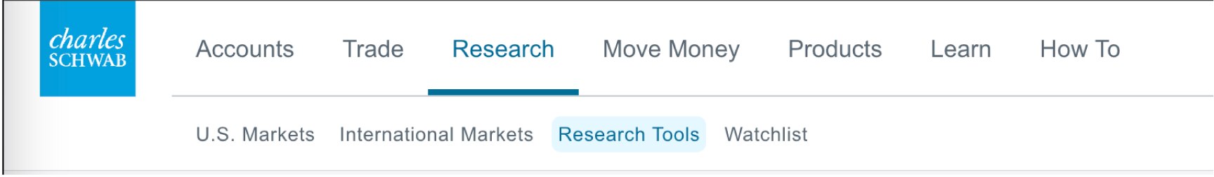 A section of the Schwab client account web page showing where to find research reports. Select Research, Research Tools, and then enter the ticker symbol or company name.