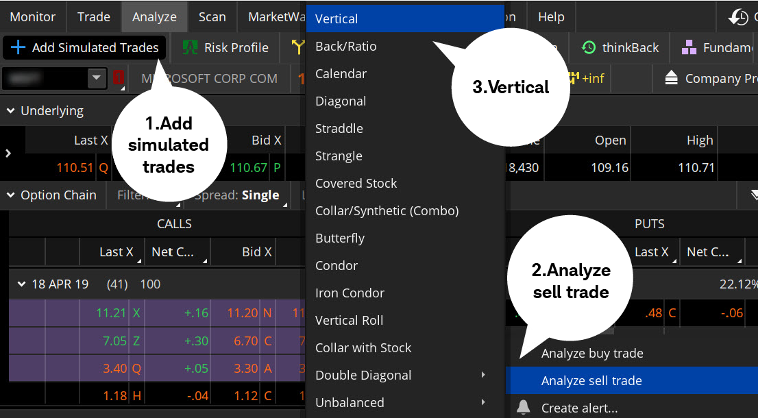 To analyze a spread, right-click any strike and choose a strategy.