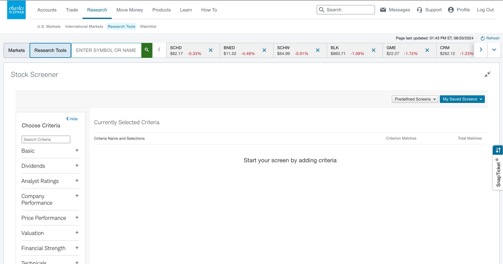 A section of the Schwab client account web page showing where to find stock screeners with analyst ratings. Select Research, Research Tools, Screeners, and finally Analyst Ratings.