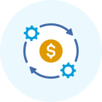 Two gears orbit a symbol of the U.S. dollar.
