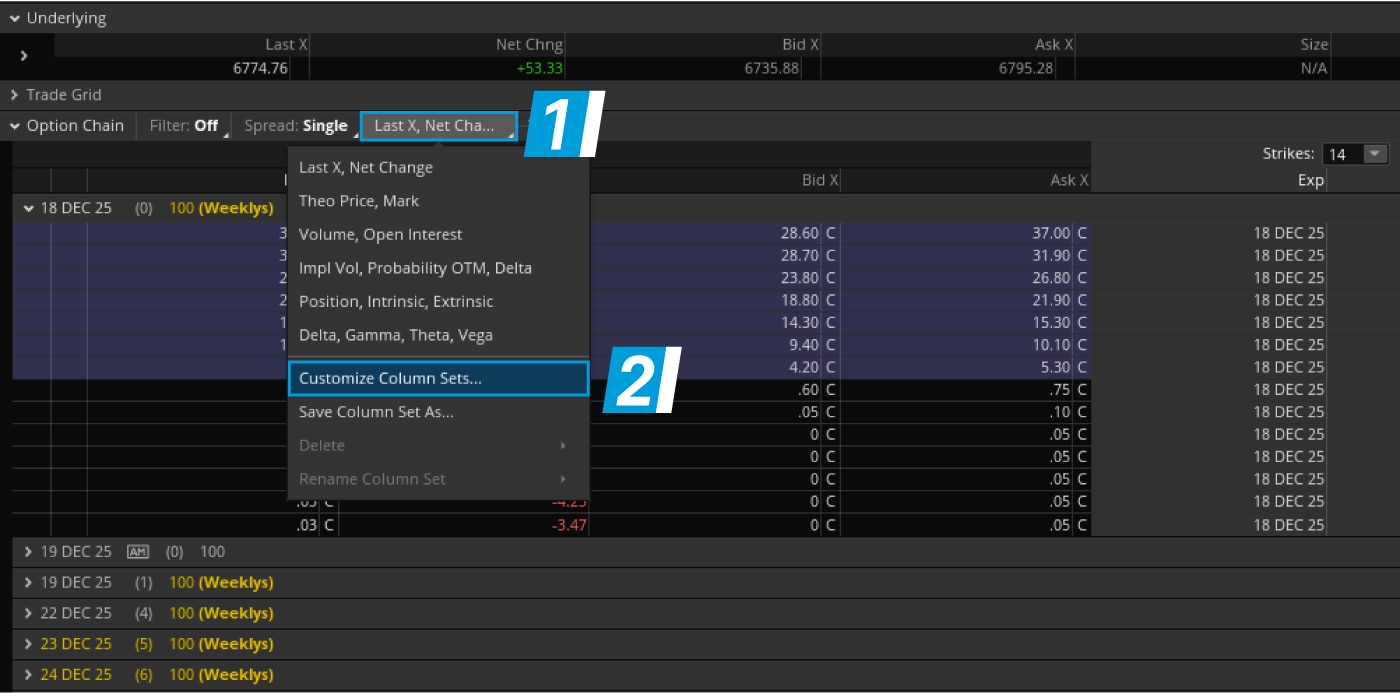 A chart showing how to pull up custom column sets on an Option Chain on the thinkorswim platform.