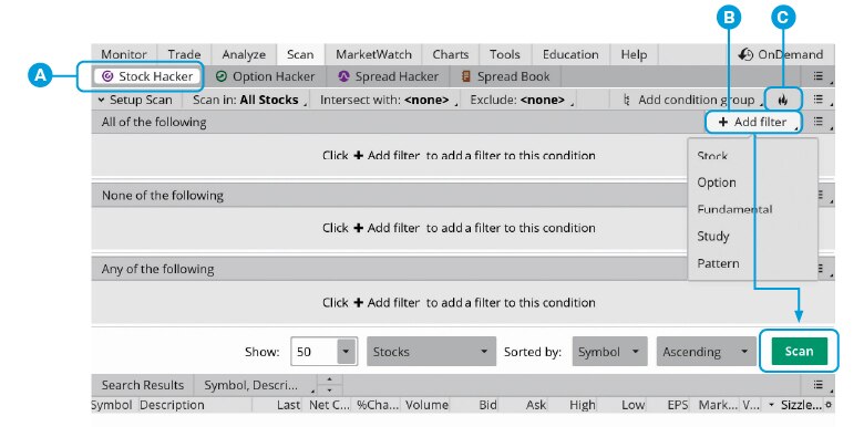 Scan screen in the thinkorswim desktop platform highlighting how to use Stock Hacker to scan for sizzling stocks or to find stocks and other securities by adding filters based on selected criteria.