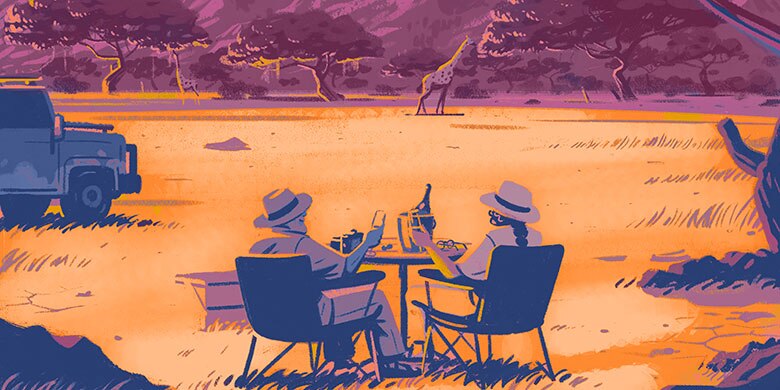 An older couple sharing a bottle of wine outdoors while on safari.