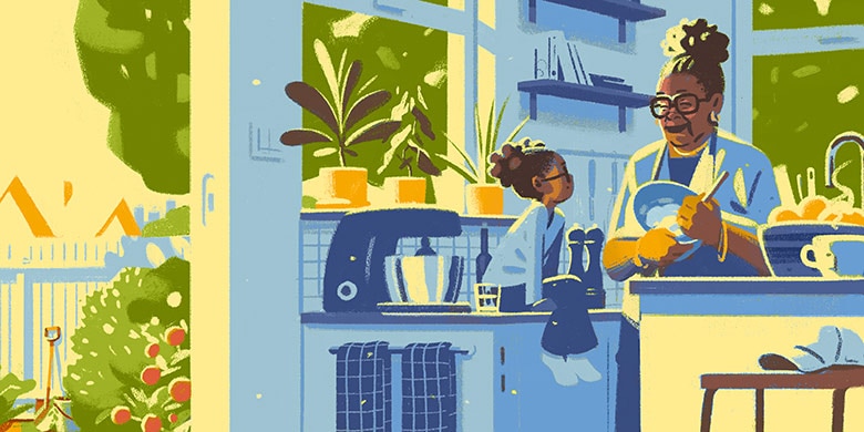 An older woman mixing batter in a bowl while her young granddaughter sitting on the kitchen counter watches.