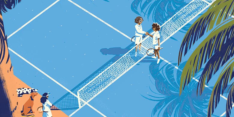Two older ladies shake hands over a net on a tennis court while another lady and two dogs watch from the sidelines.