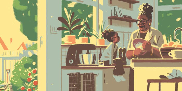 An older woman mixing batter in a bowl while her young granddaughter sitting on the kitchen counter watches.