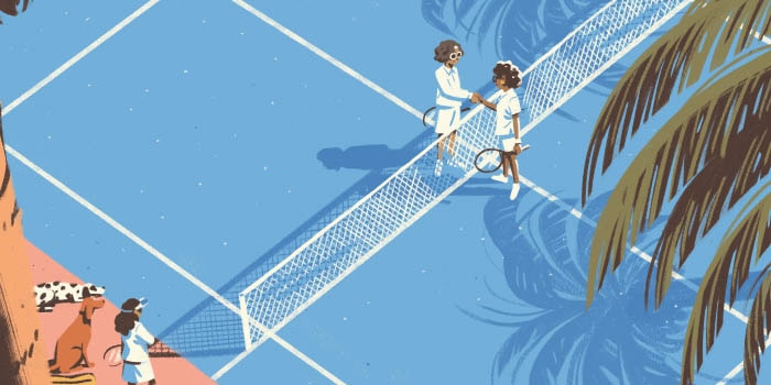 Two older ladies shake hands over a net on a tennis court while another lady and two dogs watch from the sidelines.