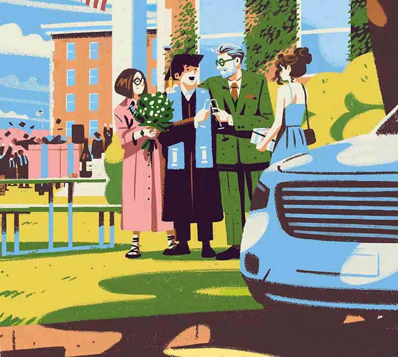 A middle-aged couple congratulate their son after his graduation. A young woman stands nearby carrying a gift.
