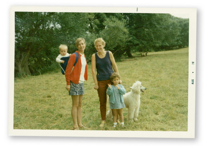 A photo from the 1970s of two young women, two children, and a dog in Golden Gate Park.