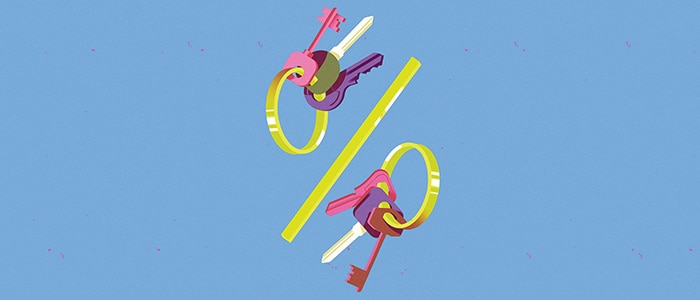 Percent sign formed by two separate keyrings on a blue background.