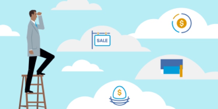 A person stands on a ladder and uses binoculars to see money, "for sale" sign, graduation cap, and nest egg in the clouds.