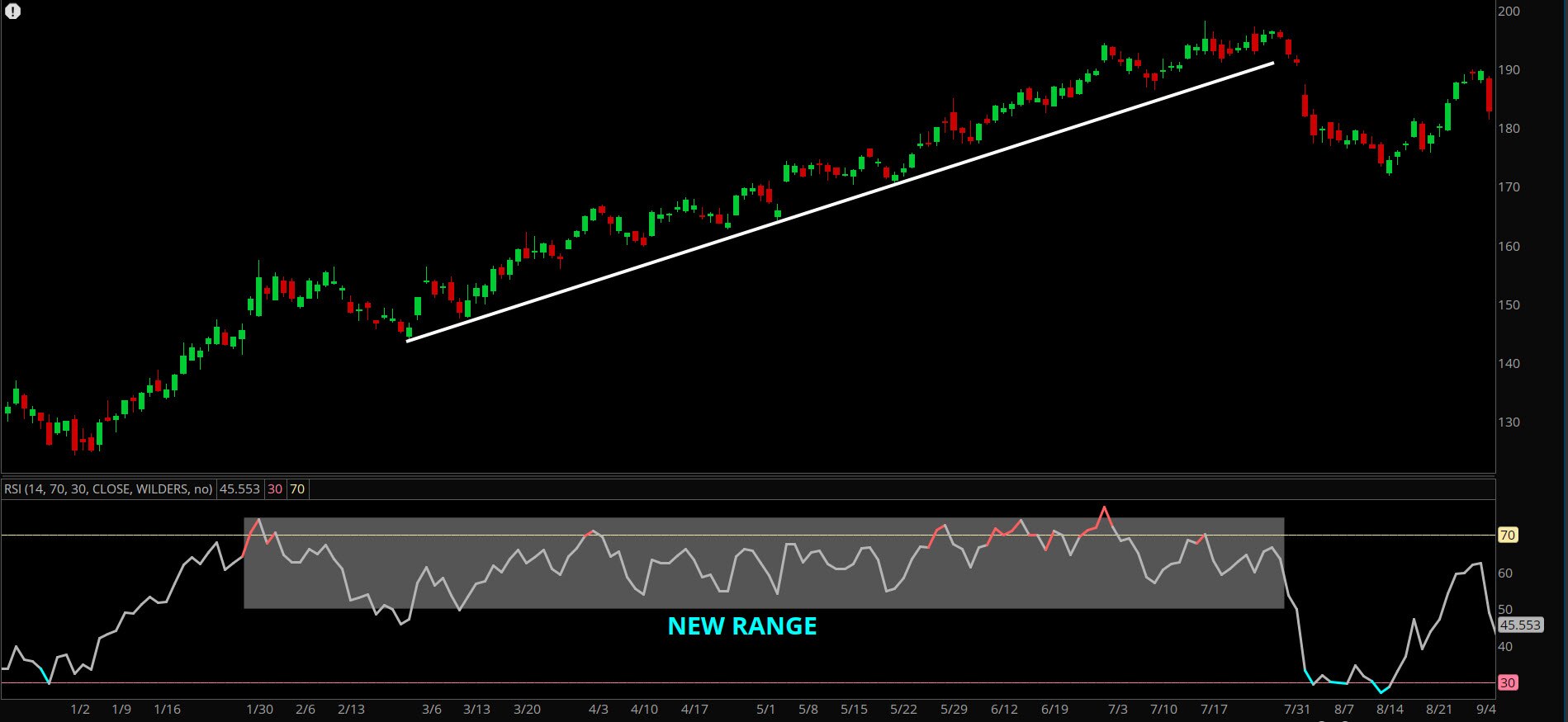  Screenshot shows a chart from January to July 2024. During this time period, the stock price maintained a strong uptrend while its RSI only pulled back to the bottom of its range. During this period, the stock didn't reach oversold conditions below the 30 level, finding its support near 50.