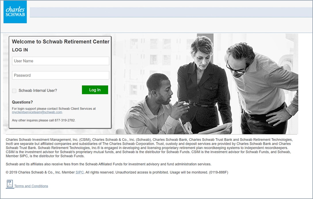 Retirement Center Login Screen