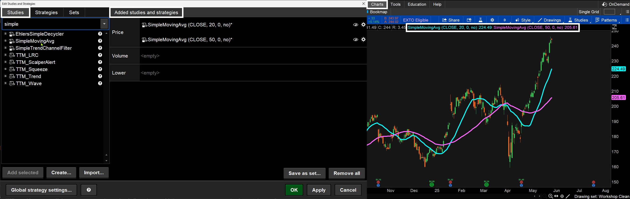 The first screenshot shows how to apply the moving average study. The second screenshot is a stock chart showing the moving average trendlines crossing over. 